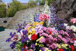 滝池を中心に飾られたお花